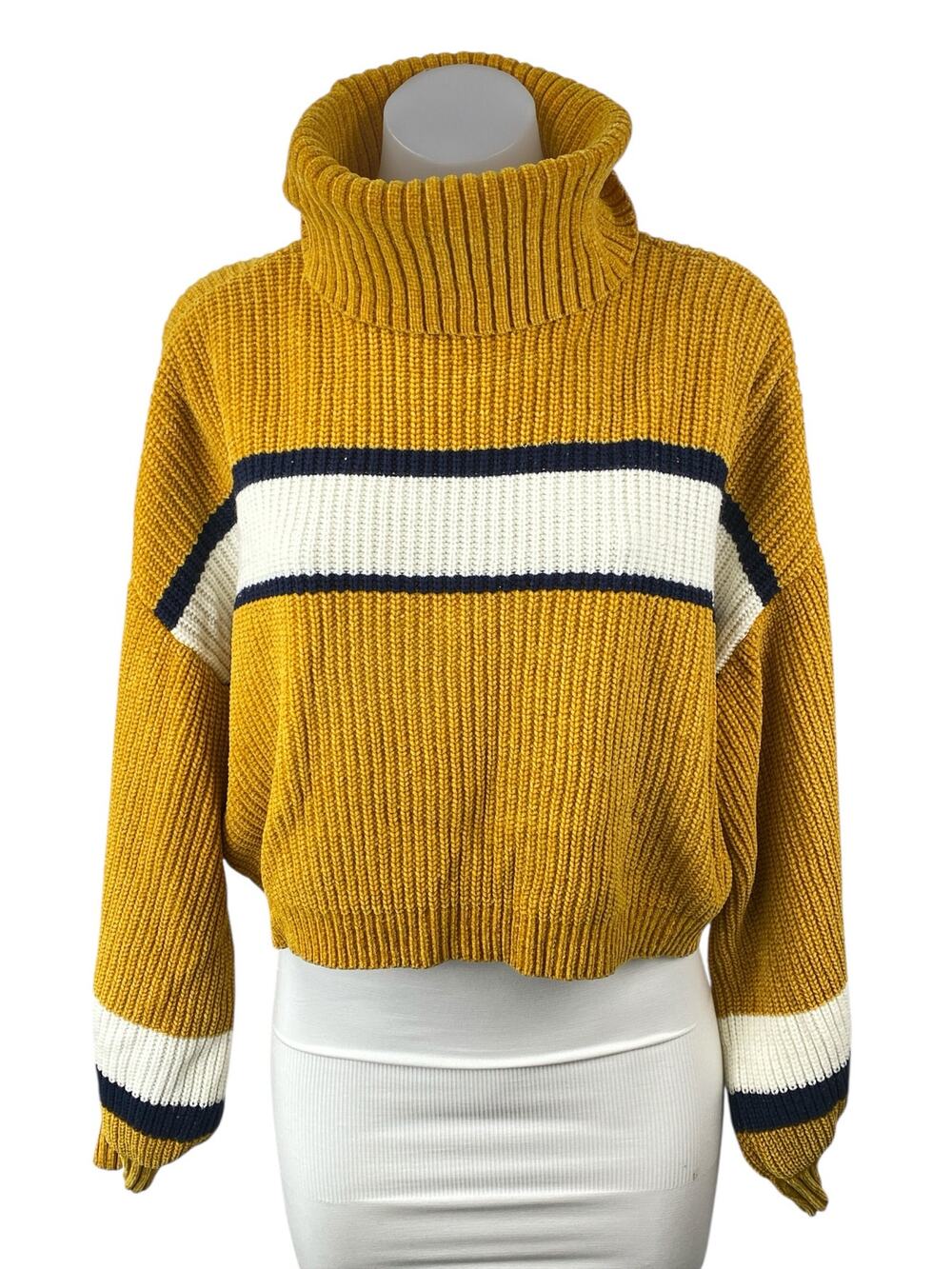 MM by My Michelle Women's Yellow Striped Turtleneck Ribbed Knit Sweater Top Sz L